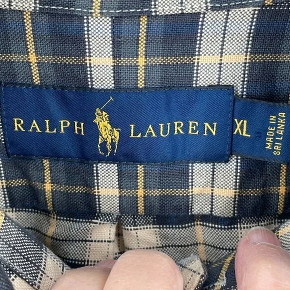 Ralph Lauren Blue Label Men's Tan Navy Plaid Cotton Button Down Casual Shirt XL - Picture 3 of 4